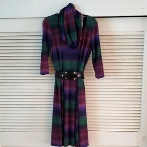 Robbie Bee Purple Green Sheath Dress With Matching Scarf, 3/4 Sleeve, Size M